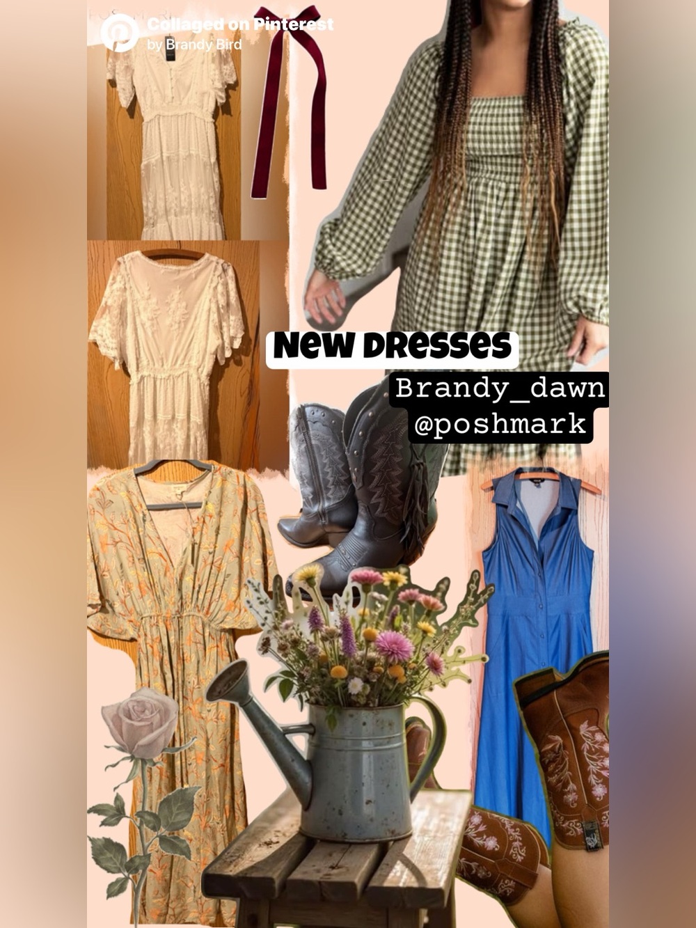 Mixed Dresses & Western Boots - Green Gingham, White Lace, Floral Yellow, Blue